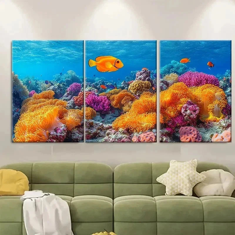 3pcs Underwater Paradise with Marine Life NJ  Wall Art Set Canvas Framed 60x90cm - High Quality Print 100% Australian Made Wall Canvas Ready to Hang