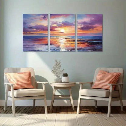 3pcs Sunset Ocean Orange Pink Purple Blue Wall Art Set Canvas Framed 50x70cm - High Quality Print 100% Australian Made Wall Canvas Ready to Hang