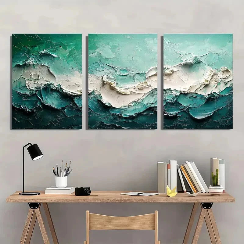 3pcs Abstract Light Green & Blue Marble Design Metal Print Ready to Hang Art - Bella Home Decor