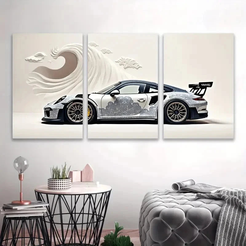 3pcs White Sports Car Wall Art Set Canvas Framed 50x70cm - High Quality Print 100% Australian Made Wall Canvas Ready to Hang