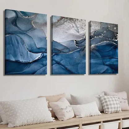 3pcs Abstract Blue and Golden Marble Texture Wall Art Set Canvas Unframed - High Quality Print 100% Australian Made Wall Canvas - Bella Home Decor
