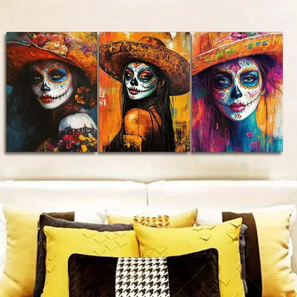 3pcs Energetic Day of the Dead Woman Painting Metal Print Ready to Hang Art