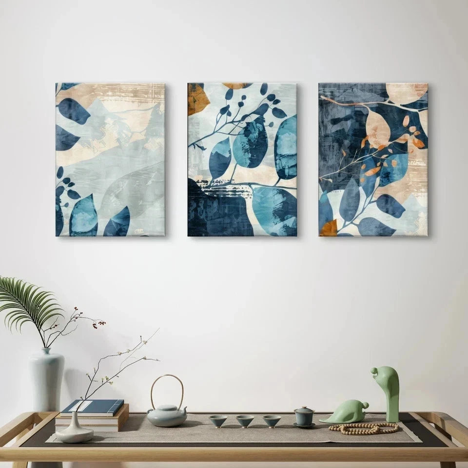 3pcs Modern Abstract Navy Blue and Gold Leaves Wall Art Set Canvas Framed 40x60cm - High Quality Print 100% Australian Made Wall Canvas Ready to Hang