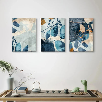 3pcs Modern Abstract Navy Blue and Gold Leaves Wall Art Set Canvas Framed 40x60cm - High Quality Print 100% Australian Made Wall Canvas Ready to Hang
