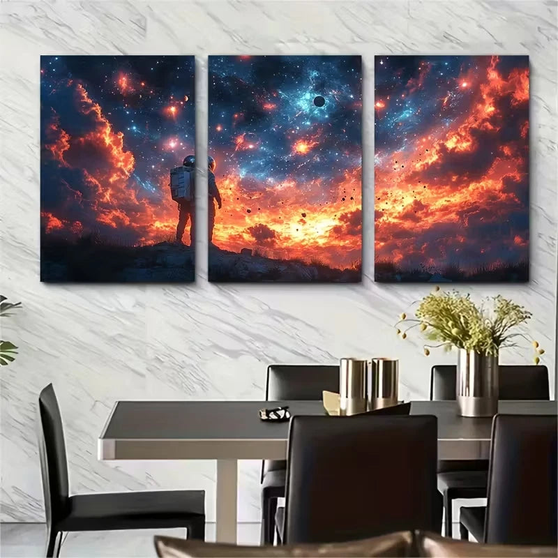 3pcs Cosmic Astronaut with Fallen Stars and Planet Metal Print Ready to Hang Art - Bella Home Decor