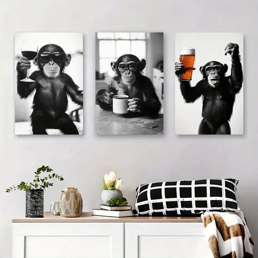 3pcs Black and White Monkey with Drinks, Metal Print Ready to Hang Art
