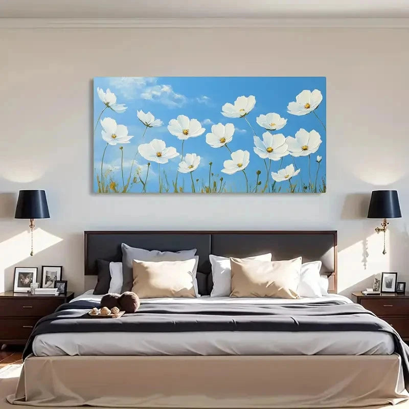 Blue Sky And White Daisies Wall Art Canvas Office Home Room Framed 120x60cm - Bella Home Decor