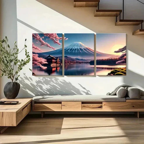 3pcs Mount Fuji and Sakura Lake Modern Wall Art Canvas Unframed - High Quality Print 100% Australian Made Wall Canvas