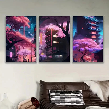 3pcs Neon-Lit Urban With Cherry Blossoms Wall Art Set Canvas Framed 50x70cm - High Quality Print 100% Australian Made Wall Canvas Ready to Hang