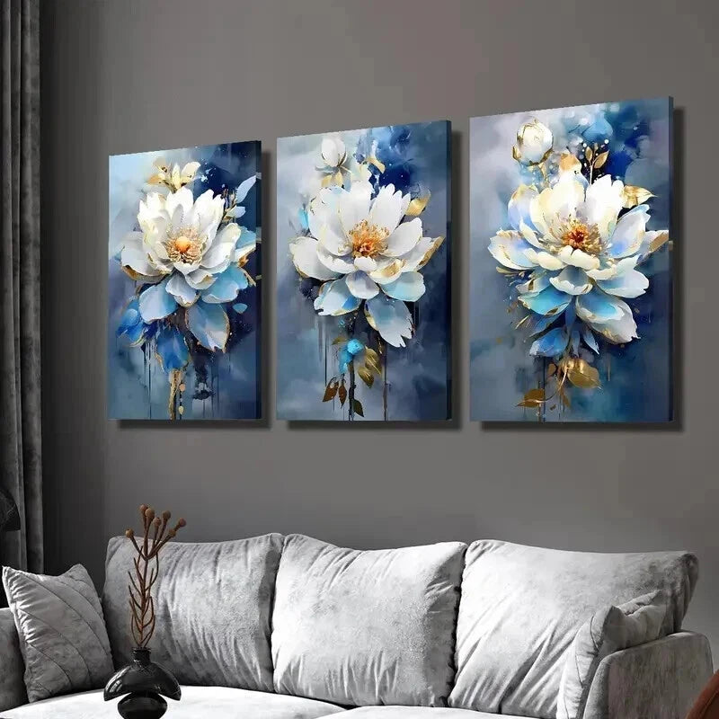 3pcs Modern Luxury Blue and White Floral Wall Art Set Canvas Framed 40x60cm - High Quality Print 100% Australian Made Wall Canvas Ready to Hang