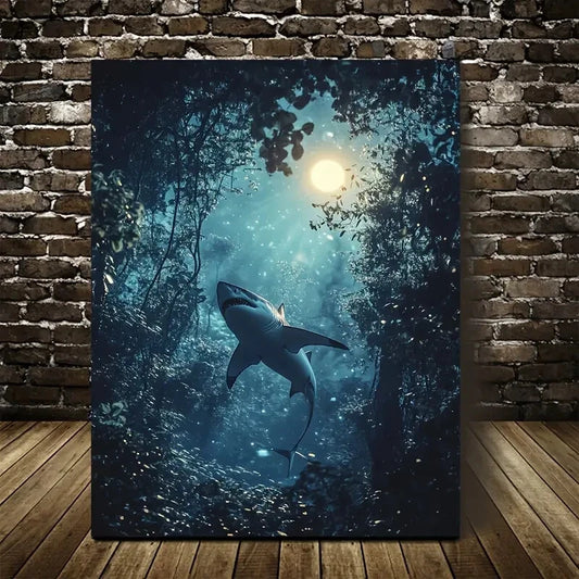 Enchanting Shark Forest Scene with Moonlight Painting 40x60cm Metal Print Ready to Hang - Bella Home Decor