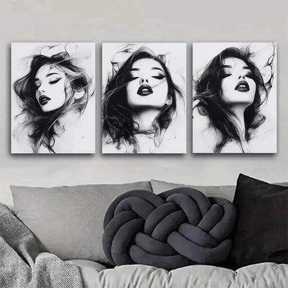 3pcs Monochrome Portrait Flowing Hair Perfect Wall Art Set Canvas Framed 60x90cm - High Quality Print 100% Australian Made Wall Canvas Ready to Hang - Bella Home Decor