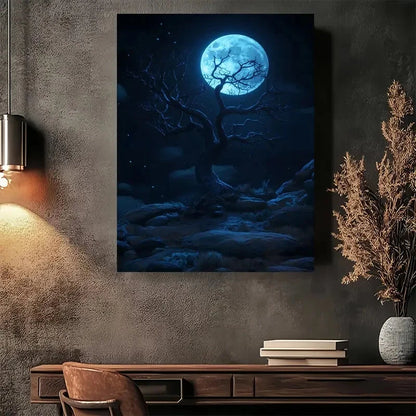 Beautiful Mystic Full Moon Tree Night Painting 40x60cm Metal Print Ready to Hang - Bella Home Decor