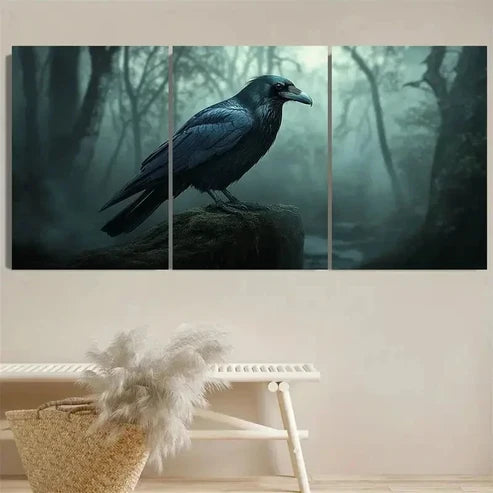 3pcs Elegant Blue Raven with Intricate Feather Wall Art Set Canvas Unframed - High Quality Print 100% Australian Made Wall Canvas
