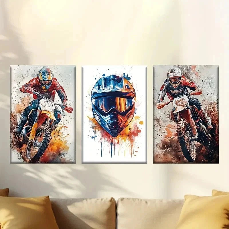 3pcs Dirt Bike Racer Posters with Vibrant Color Wall Art Set Canvas Framed 60x90cm - High Quality Print 100% Australian Made Wall Canvas Ready to Hang - Bella Home Decor