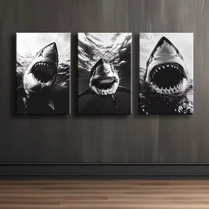 3pcs Great White Shark Illustration Wall Art Set Canvas Framed 60x90cm - High Quality Print 100% Australian Made Wall Canvas Ready to Hang