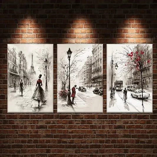 3pcs Street with People Cars and Eiffel Tower Wall Art Set Canvas Framed 60x90cm - High Quality Print 100% Australian Made Wall Canvas Ready to Hang