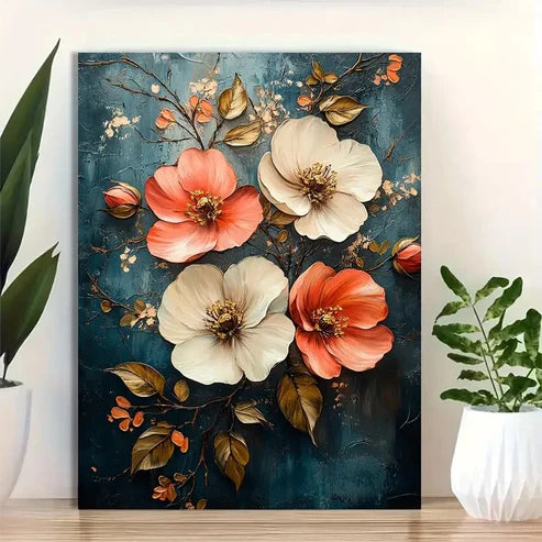 Beautiful Blooming Flowers In Pink White Painting 60x90cm Metal Print Ready to Hang