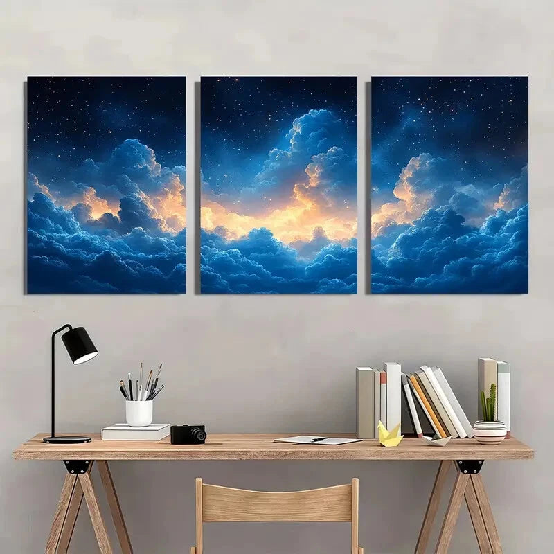 3pcs Abstract Cloud Sky Navy Blue & Orange Art Metal Print Ready to Hang Art - Bella Home Decor