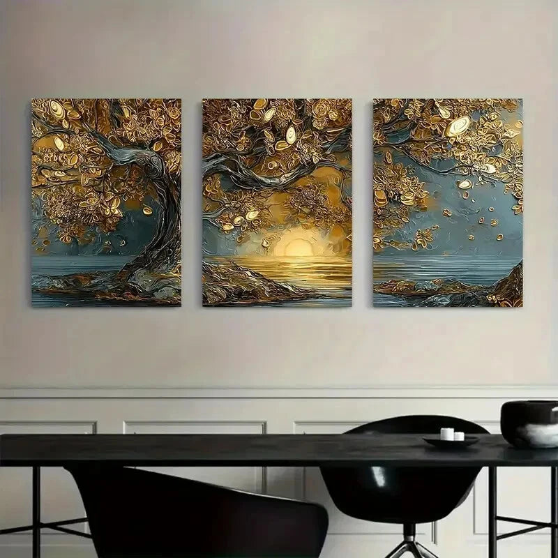 3pcs Tree with Leaves Golden and Silvery Metal Print Ready to Hang Art - Bella Home Decor