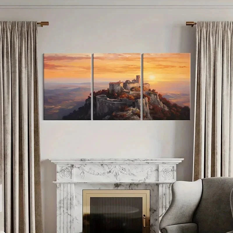 3pcs Sunset Castle Landscape Mountains Metal Print Ready to Hang Art - Bella Home Decor