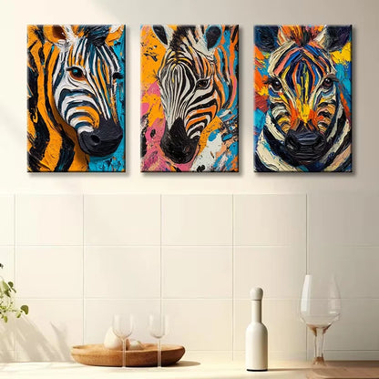 3pcs A vibrant zebra Illustration Wall Art Set Canvas Framed 40x60cm - High Quality Print 100% Australian Made Wall Canvas Ready to Hang - Bella Home Decor
