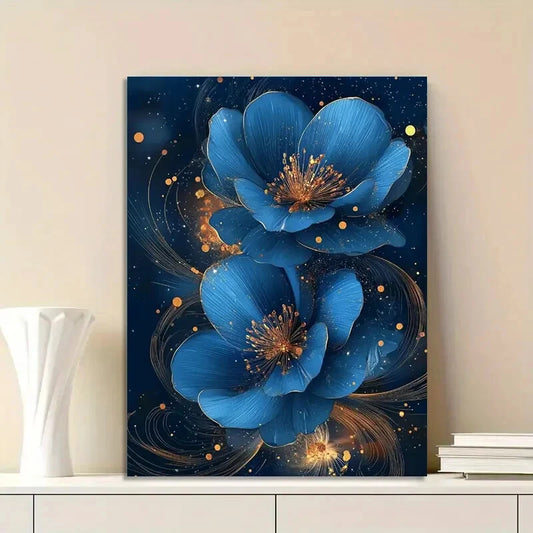 Blue Flowers with Golden Glitter, Swirls, And Dots  40x60cm Metal Print Ready to Hang