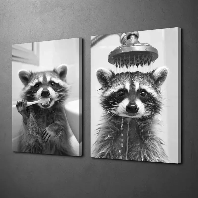 2pcs Black and White Photo of a Raccoon in it's Daily Routine Canvas Framed 50x75cm - High Quality Print 100% Australian Made Wall Canvas Ready to Hang - Bella Home Decor