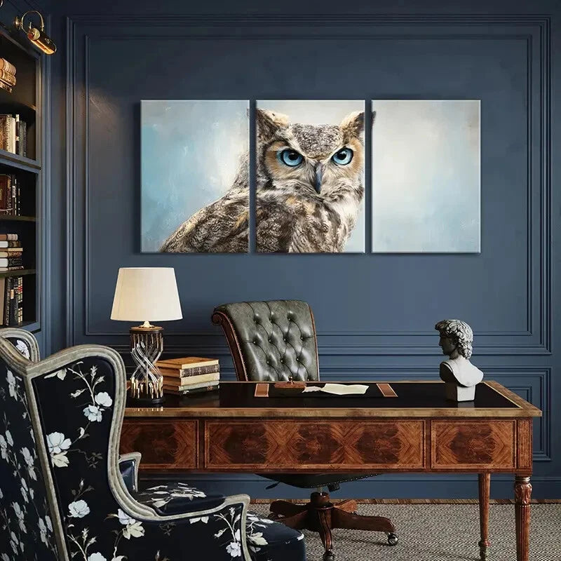 3pcs Owl Portrait Blue Eyes Detailed Feathers Metal Print Ready to Hang Art - Bella Home Decor