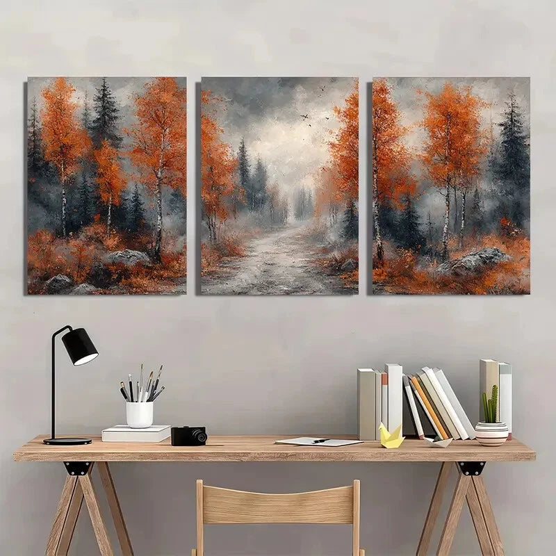 3pcs Autumn Forest Winding Trail Nature Painting Metal Print Ready to Hang Art - Bella Home Decor
