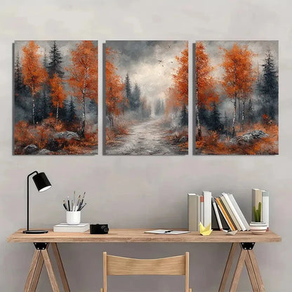 3pcs Autumn Forest Winding Trail Nature Painting Metal Print Ready to Hang Art - Bella Home Decor