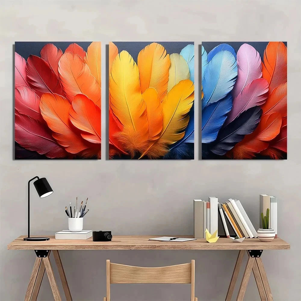 3pcs Rainbow Feathers Abstract Painting Metal Print Ready to Hang Art - Bella Home Decor