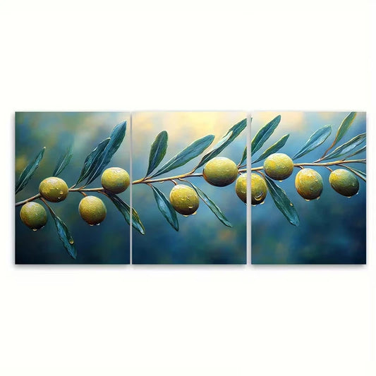 3pcs Olives Branch Impasto Metal Print Ready to Hang Art