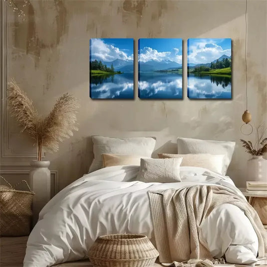 3pcs Sky, White Clouds, Lake Wall Art Set Canvas Framed 40x60cm - High Quality Print 100% Australian Made Wall Canvas Ready to Hang
