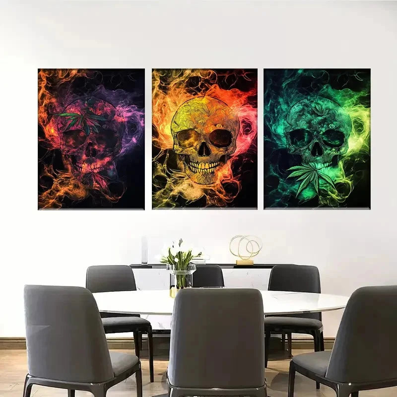 3pcs Colorful Skulls with Swirling Colors Metal Print Ready to Hang Art - Bella Home Decor