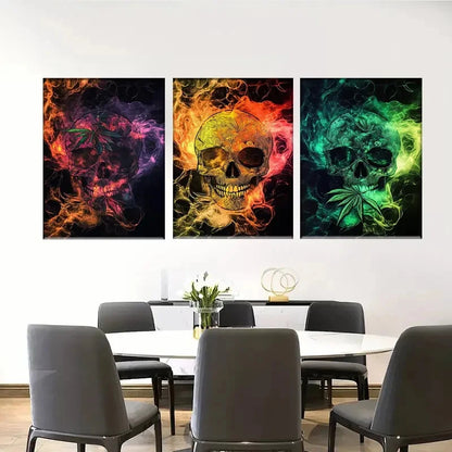 3pcs Colorful Skulls with Swirling Colors Metal Print Ready to Hang Art - Bella Home Decor