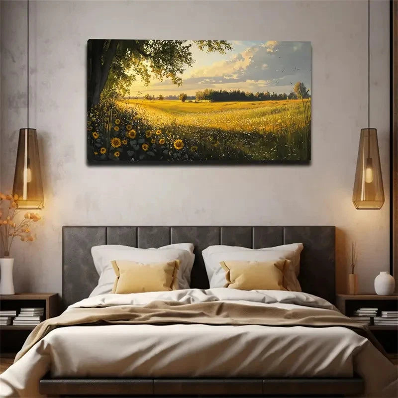 Daisies & Trees Modern Bohemian Wall Art Canvas Office Home Room Framed 120x60cm