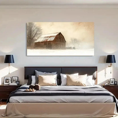 Rustic Barn Snow Cover Wall Art Canvas Office Home Room Framed 120x60cm - Bella Home Decor