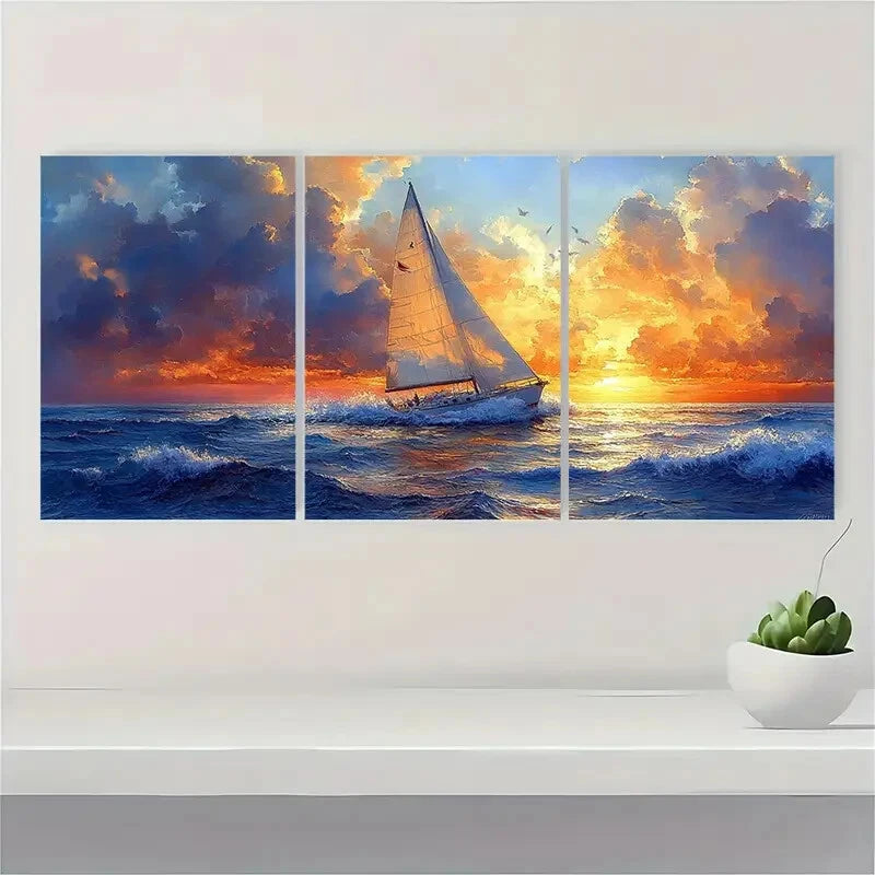 3pcs Vibrant Sunset Seascape Nautical Sailboat Metal Print Ready to Hang Art - Bella Home Decor