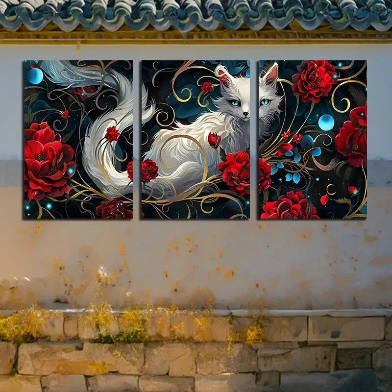 3pcs Vibrant Charming White Fox & Rose Design Metal Print Ready to Hang Art - Bella Home Decor