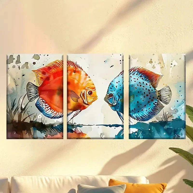 3pcs two fish in watercolors Wall Art Set Canvas Framed 60x90cm - High Quality Print 100% Australian Made Wall Canvas Ready to Hang