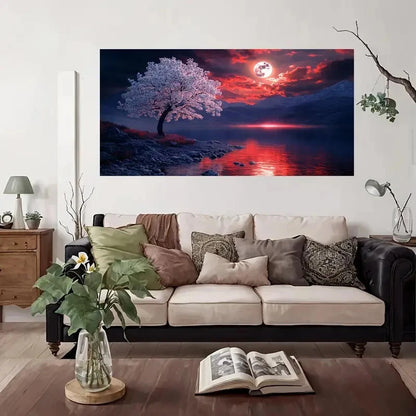 Cherry Blossom Lake Moon Lands Wall Art Canvas Office Home Room Framed 120x60cm