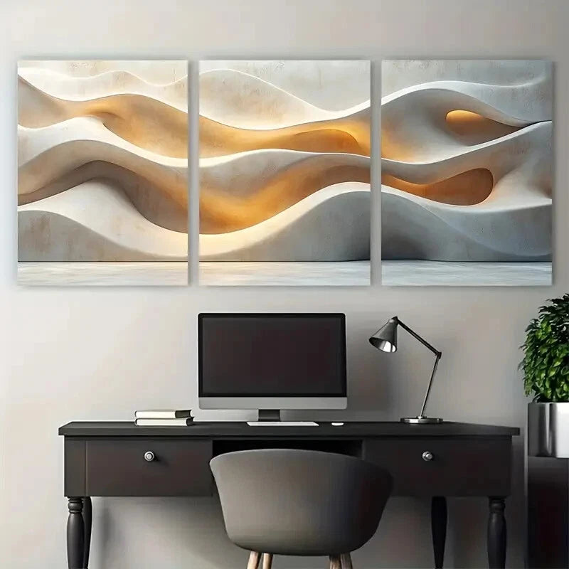 3pcs Vibrant Light Beige Minimalist Soft Shapes Metal Print Ready to Hang Art - Bella Home Decor