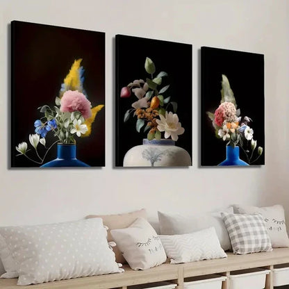 3pcs Vibrant Colorful Flower Bouquets in Vases Wall Art Set Canvas Unframed - High Quality Print 100% Australian Made Wall Canvas