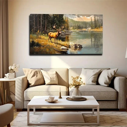 Elk Drinking Water Wall Art Canvas Office Home Room Framed 120x60cm