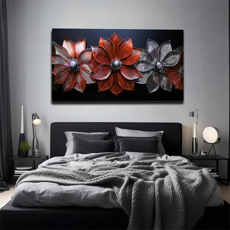 Vibrant Red Flowers Black Wall Art Canvas Office Home Room Framed 120x60cm