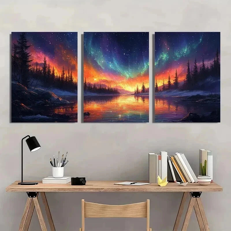3pcs Northern Lights Starry Night Scene Wall Art Set Canvas Framed 60x90cm - High Quality Print 100% Australian Made Wall Canvas Ready to Hang - Bella Home Decor
