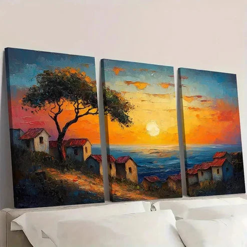 3pcs African Village Sunset Canvas Art Wall Art Set Canvas Unframed - High Quality Print 100% Australian Made Wall Canvas