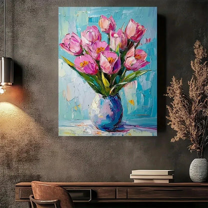 Beautiful Vibrant Tulips In Blue Vase Painting 40x60cm Metal Print Ready to Hang - Bella Home Decor