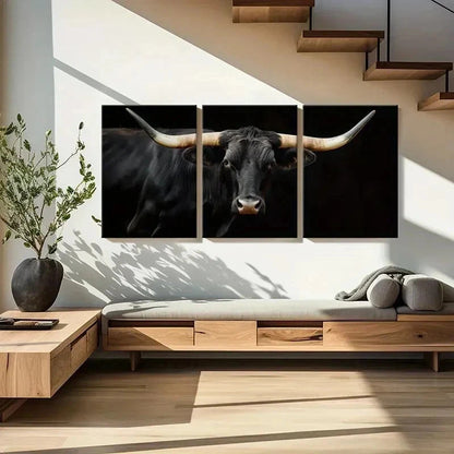 3pcs Black Bull with Long Horns Design Wall Art Set Canvas Framed 60x90cm - High Quality Print 100% Australian Made Wall Canvas Ready to Hang - Bella Home Decor